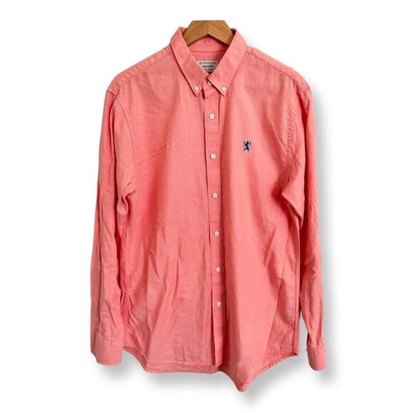 GIORDANO Men's Long Sleeve Button Down Cotton Shirt Slim Size Large Lion Logo - Picture 1 of 11